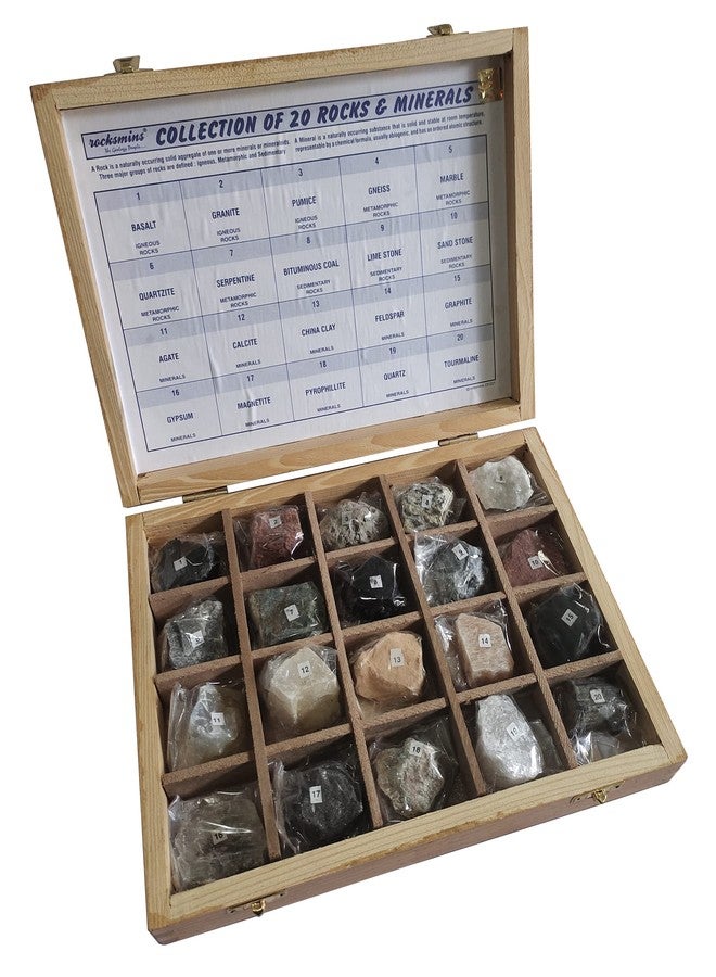 Rocksmins RM20WB-SC Collection of 20 Rocks & Minerals in Wooden Box with 20 Big Specimen Set of Rock Igneous Sedimentary Metamorphic Rock Mineral Collection Geology Kits ideal for Study of Earth Stone - Image 2